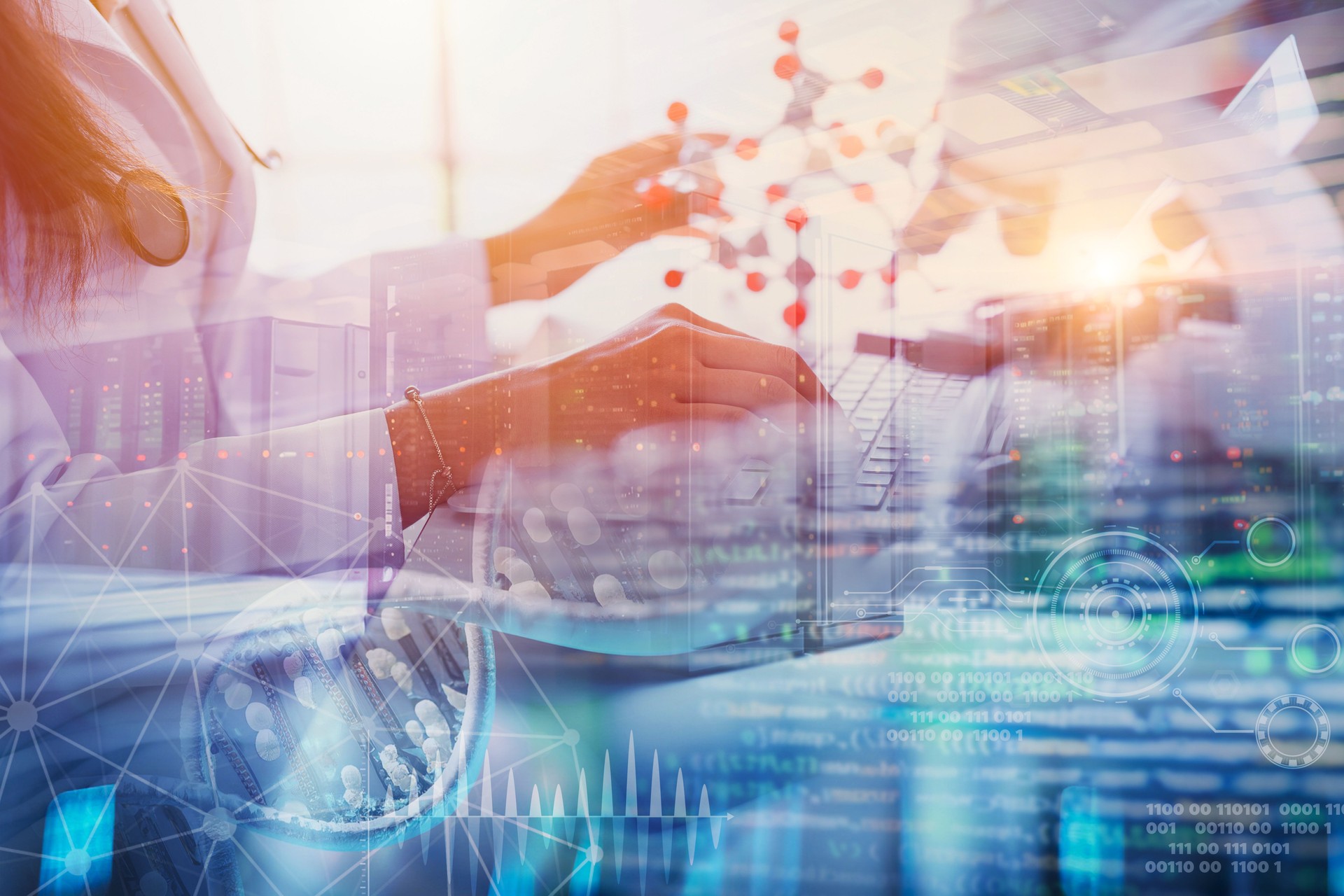 Scientist working in advance science lab using super computer processing record data and calculation science chemical model image concept